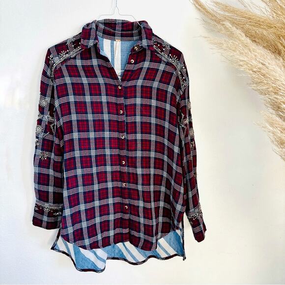 FP FREE PEOPLE Silver Sequin Bead Oversized Red Flannel Plaid Button Shirt XS - Picture 2 of 16